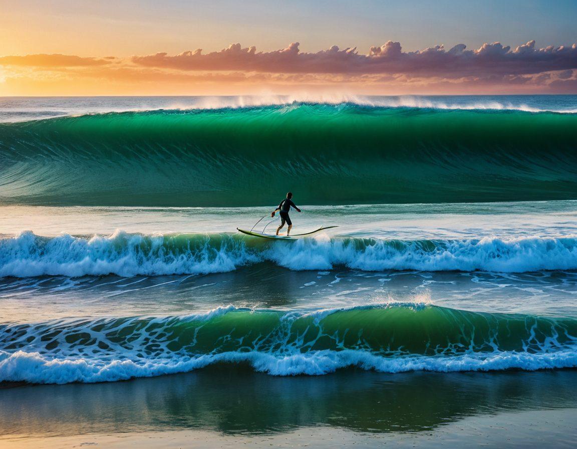 A vibrant coastline where digital waves crash onto the shore, blending elements of technology like circuit patterns and surfboards. A surfer skillfully rides the wave, using futuristic gadgets alongside traditional surfing gear. Bright colors of the ocean and skyline reflect innovation and adventure, symbolizing the fusion of surfing and technology. surrealism. vibrant colors. 3D.