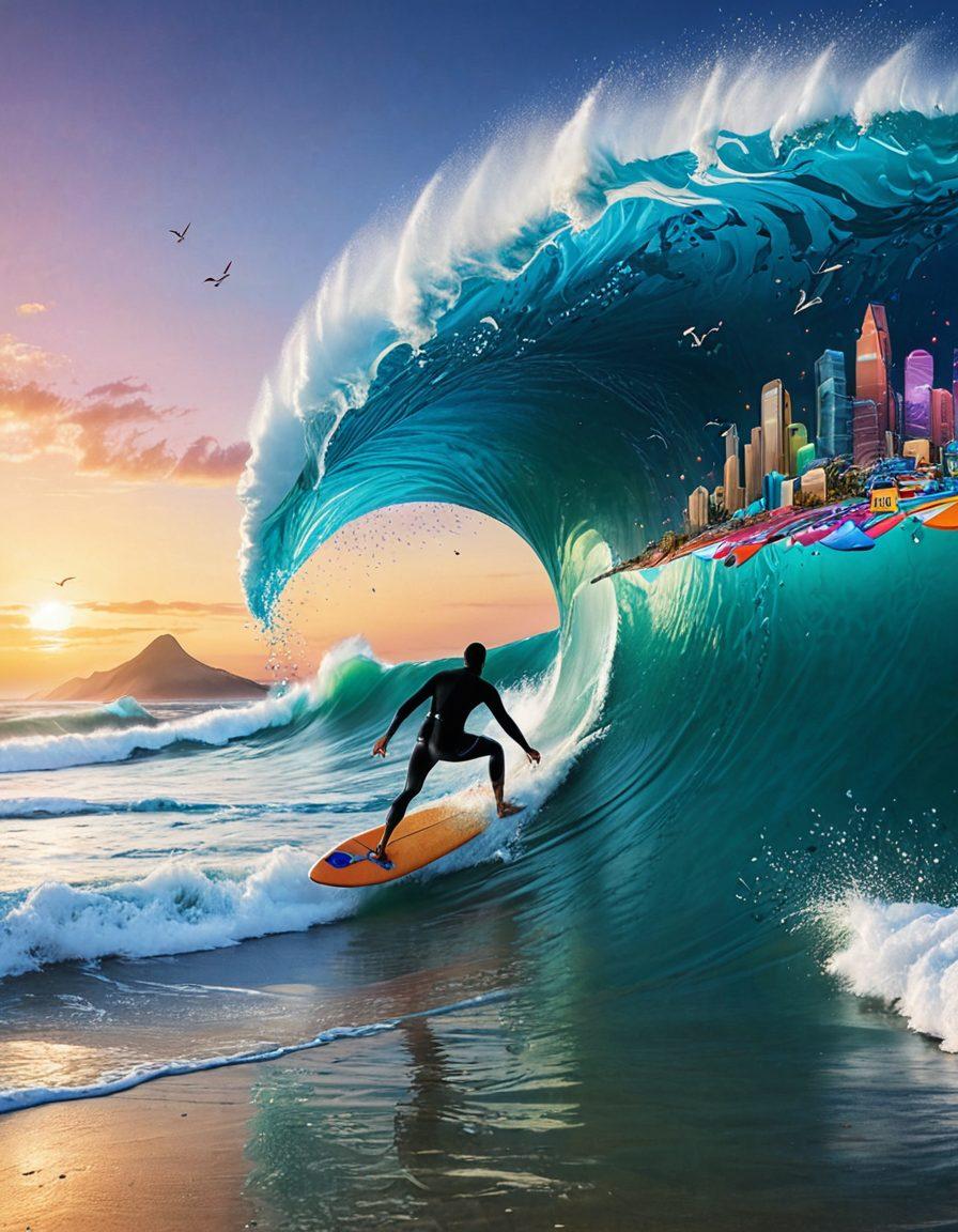 A vibrant scene depicting a surfer riding a giant digital wave composed of flowing binary code and social media icons, with a beach that merges with a futuristic skyline in the background. The surfer is wearing stylized surf gear infused with tech elements, showcasing the blend of surf culture and digital innovation. Bright, lively colors to evoke a sense of freedom and adventure. surreal art. vibrant colors. 3D.