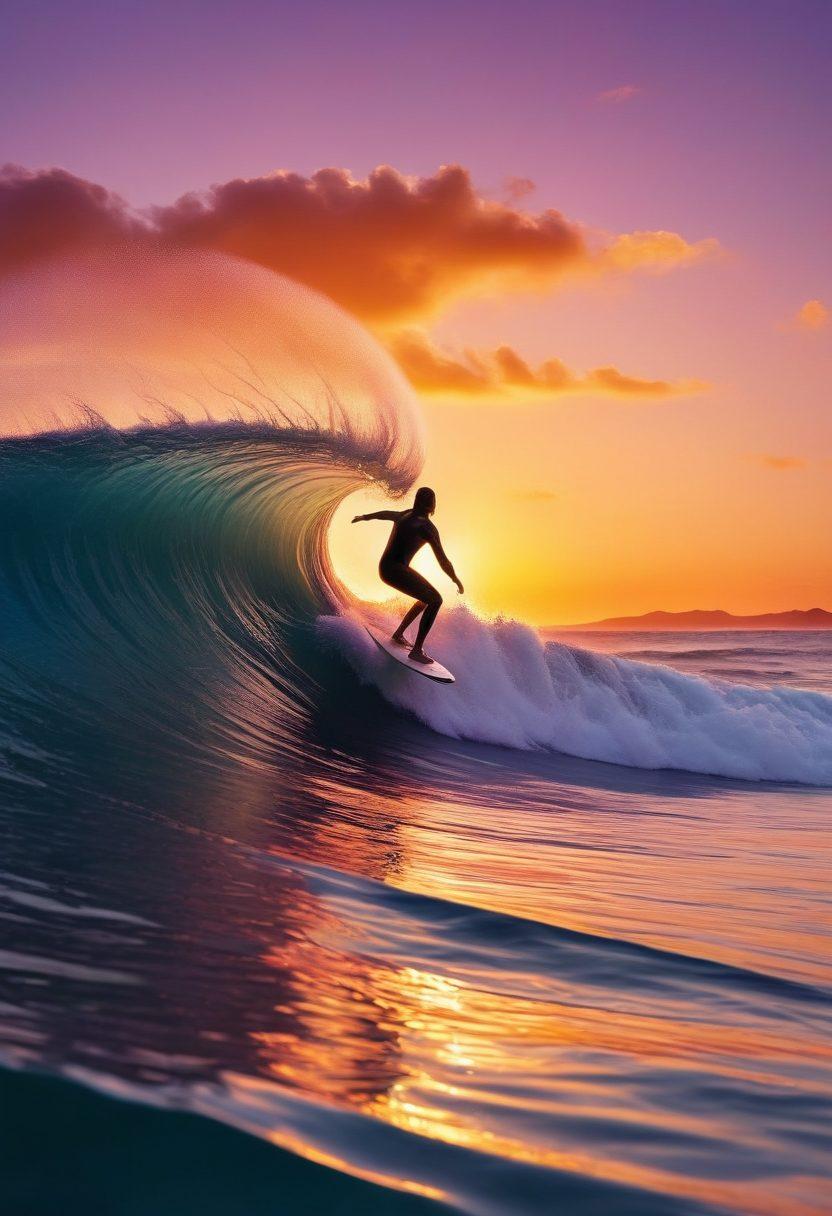 A surfer riding a massive wave, with a digital tablet in one hand, symbolizing the fusion of surfing and blogging. In the background, a vibrant sunset casts bright colors across the sky, while surfing icons blend with social media elements like likes and shares in the water. The surfboard under the rider is decorated with blog-related stickers. The overall image captures a dynamic and adventurous spirit. vibrant colors. super-realistic. minimalist background.